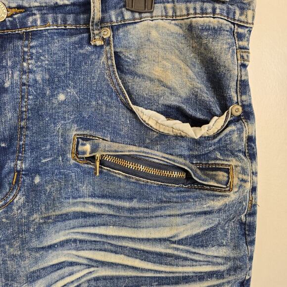 Blue Stitch Slim Straight Men's Blue Jeans Distressed 38W 32L Punk Grunge Skater - Picture 4 of 9